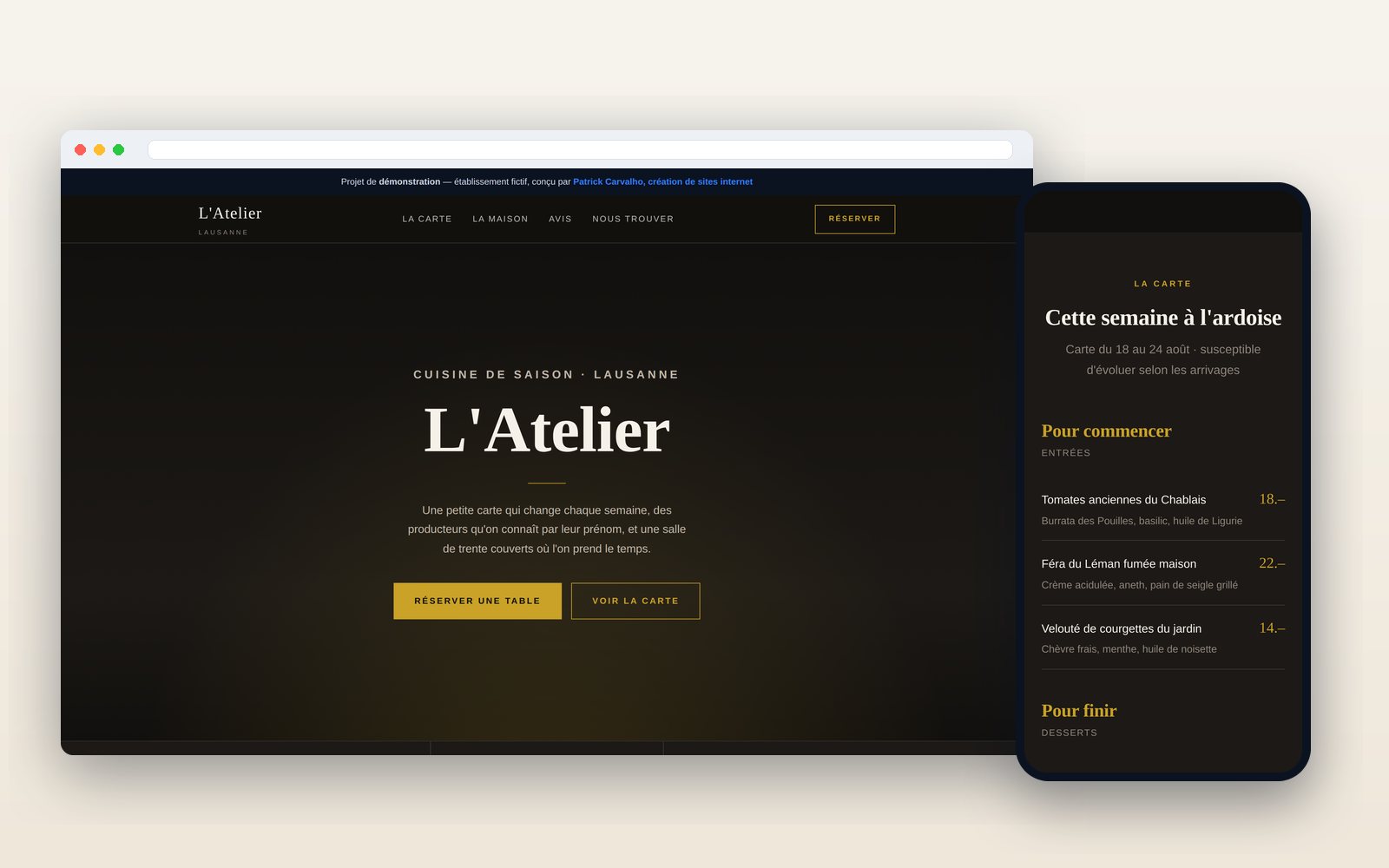 Aperçu du site de démonstration L'Atelier, restaurant à Lausanne, sur ordinateur et sur téléphone